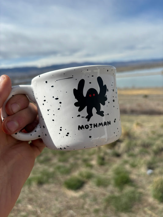 Mothman upcycled mug - red eyes - speckled