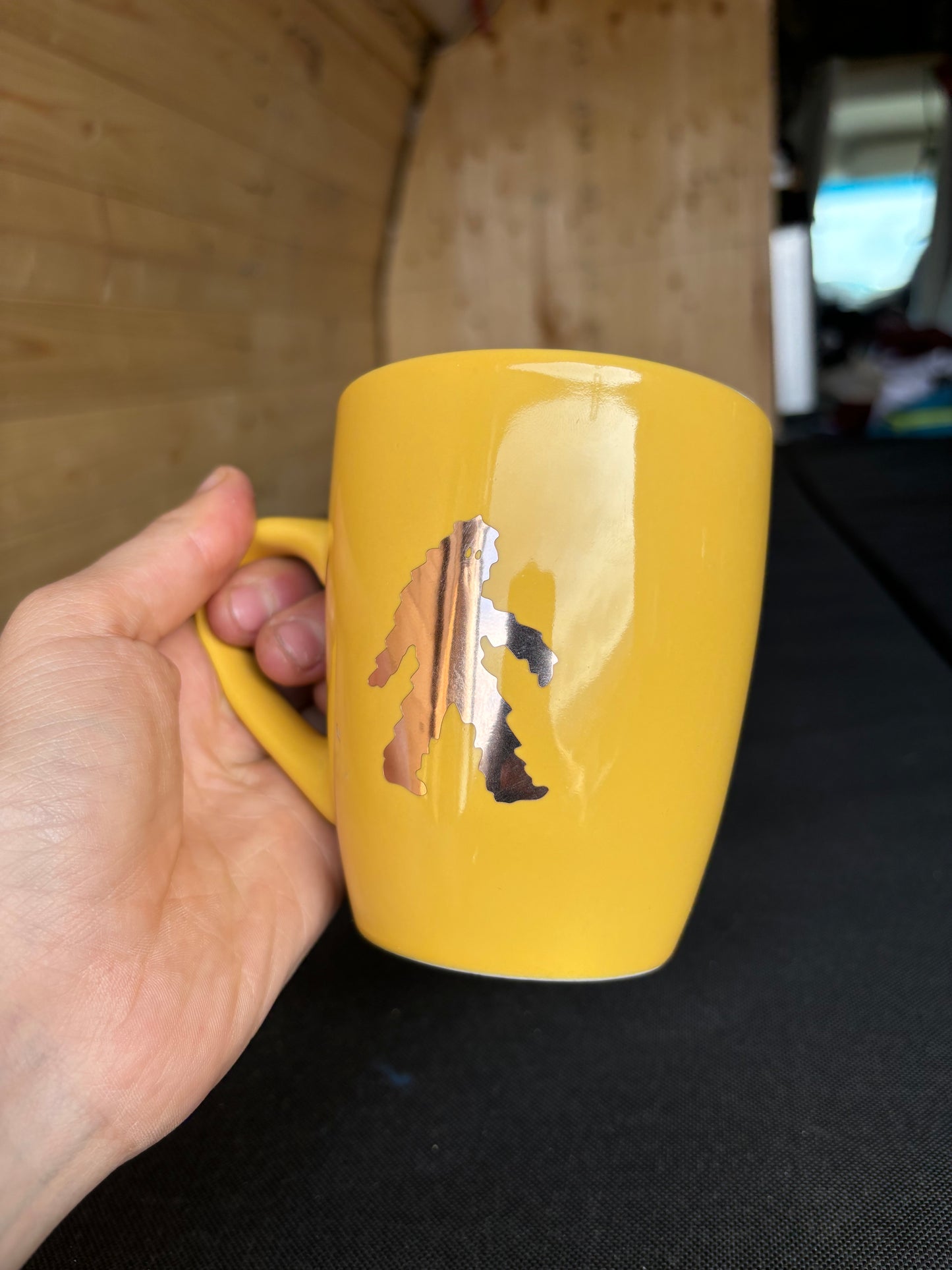 Sasquatch upcycled mug - gold - yellow