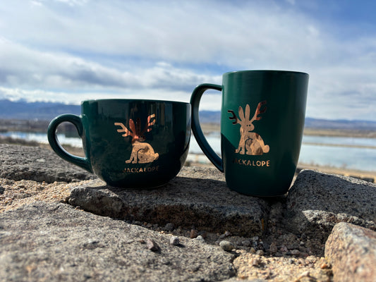 Jackalope upcycled set of 2 mugs - gold on dark turquoise/green