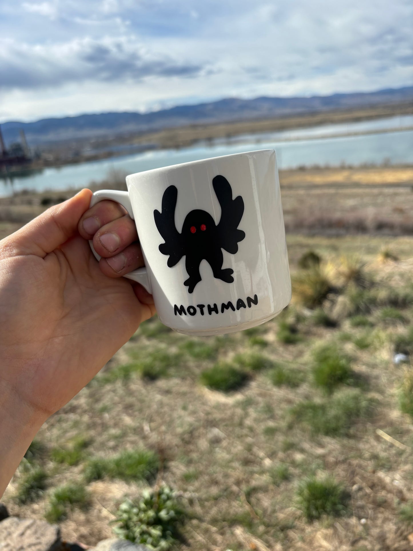 Mothman upcycled mug - red eyes - white