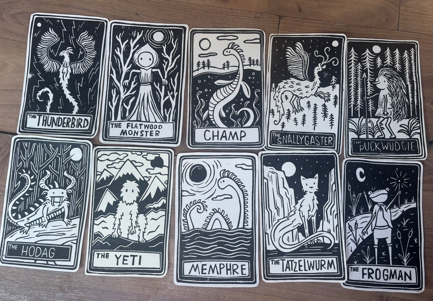 Pack of 10 hand printed tarot cryptid - black and white