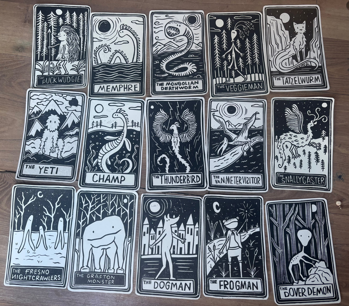 Pack of 15 hand printed tarot cryptid - black and white
