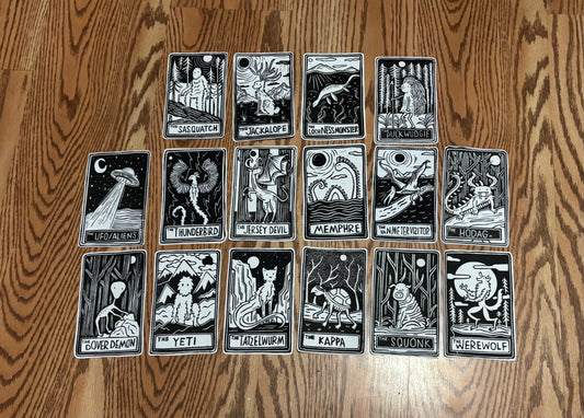 Half deck hand printed tarot cryptid - black and white