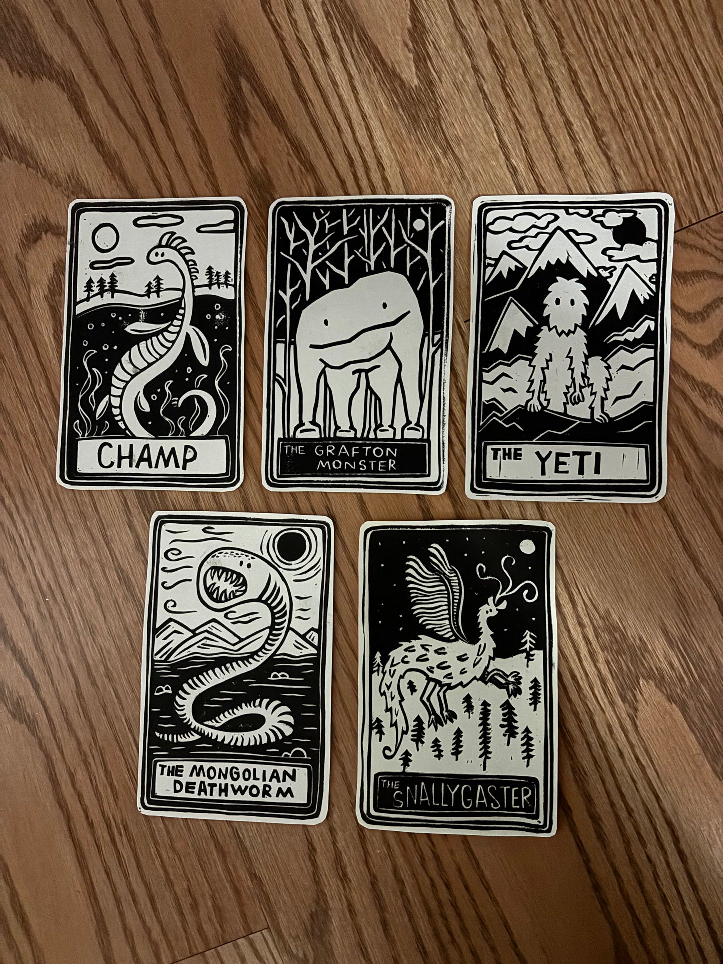 Pack of 5 hand printed tarot cryptid - black