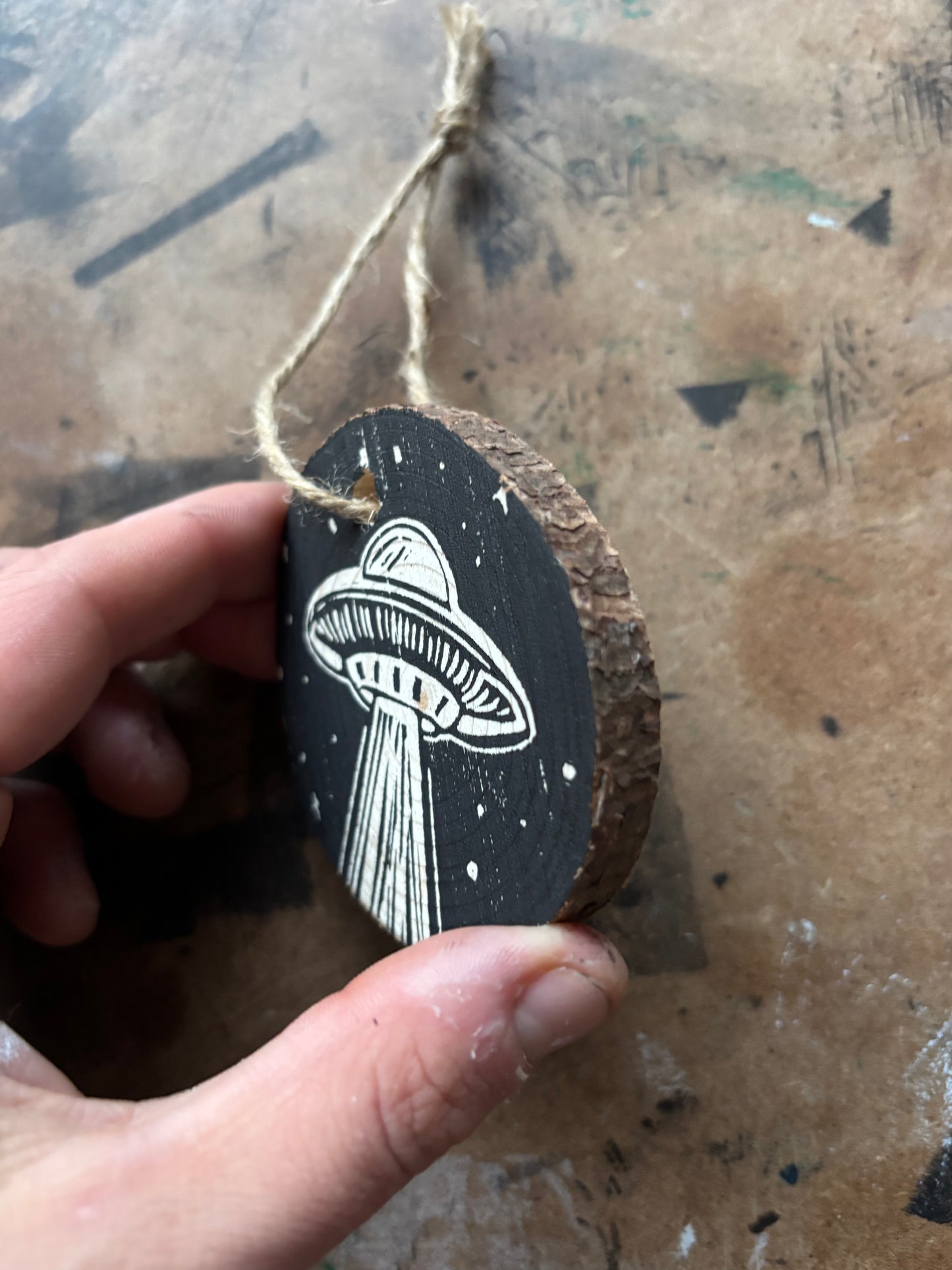 UFO hand printed ornaments