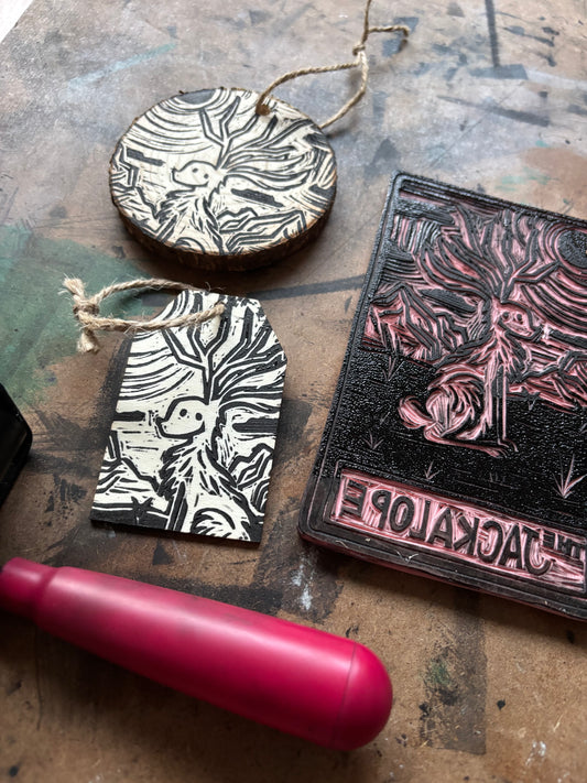 Jackalope hand printed ornaments