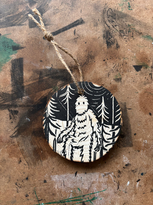 Sasquatch hand printed ornaments