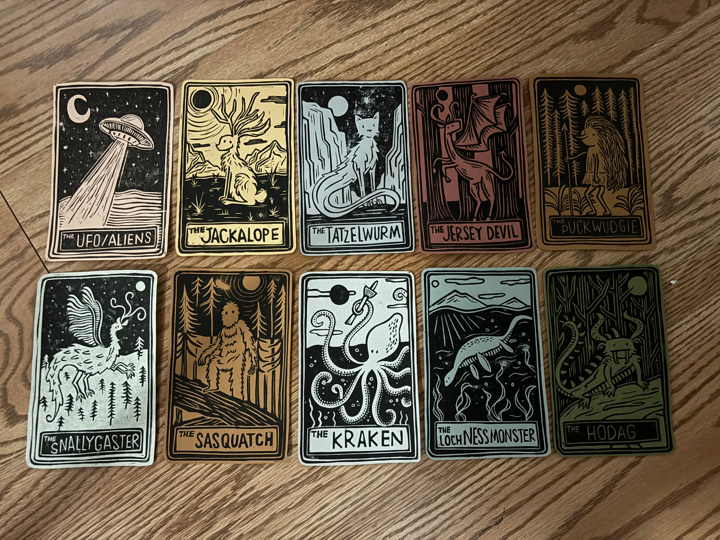 Pack of 10 hand printed tarot cryptid - neutrals
