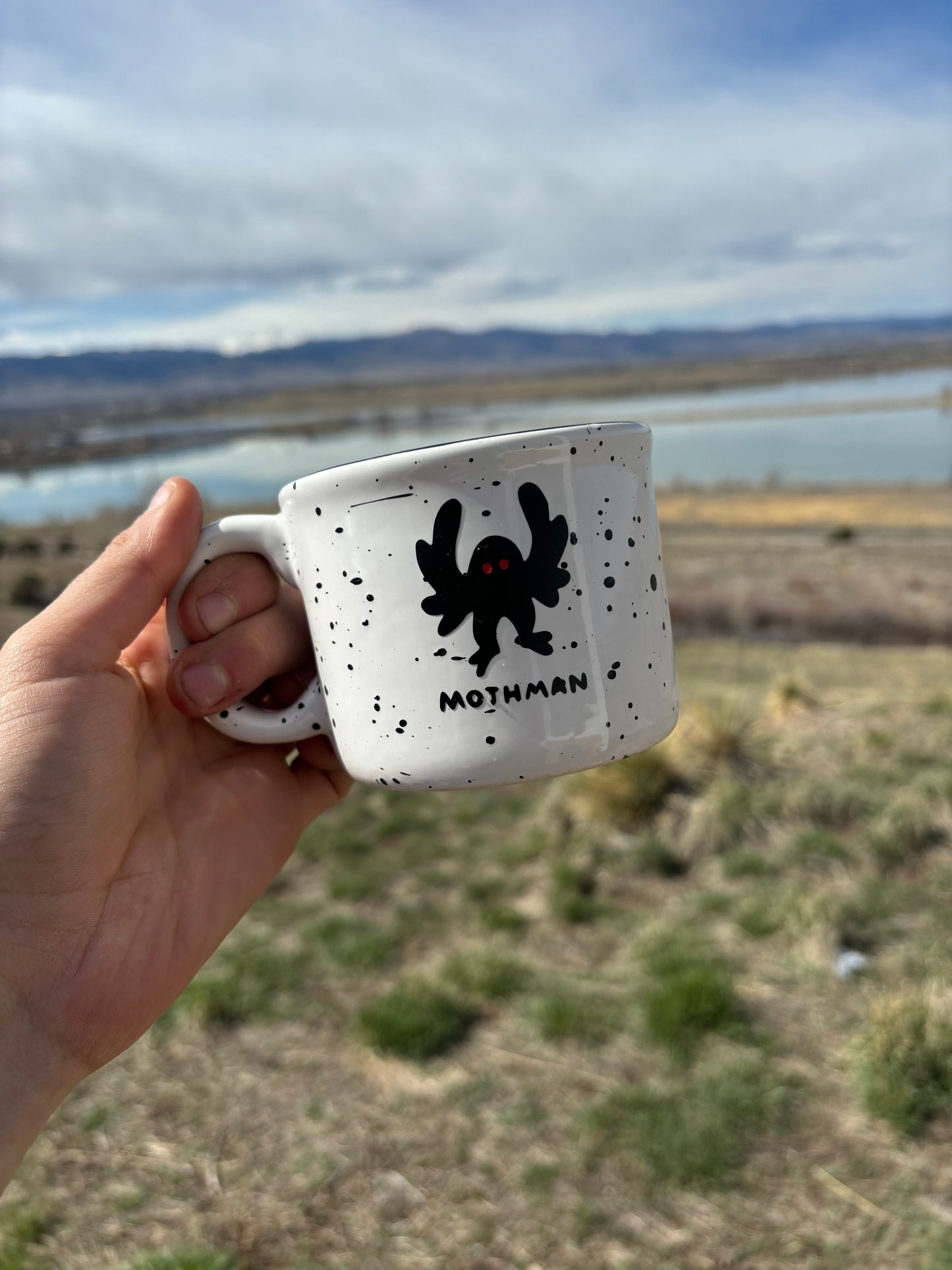 Mothman upcycled  mug - red eyes - speckled