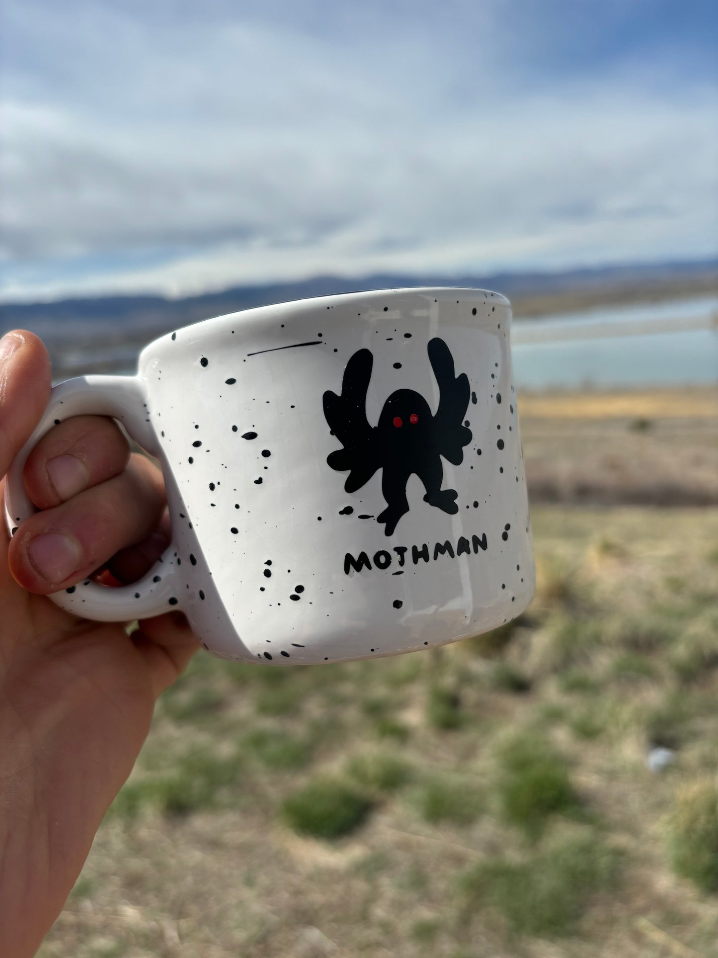 Mothman upcycled  mug - red eyes - speckled