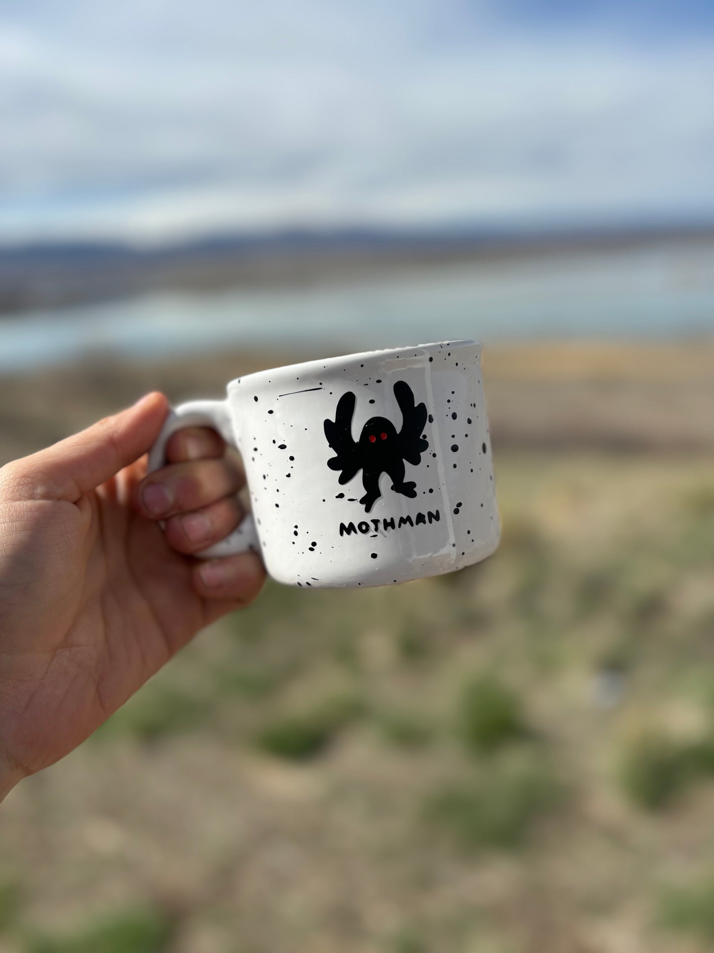 Mothman upcycled  mug - red eyes - speckled
