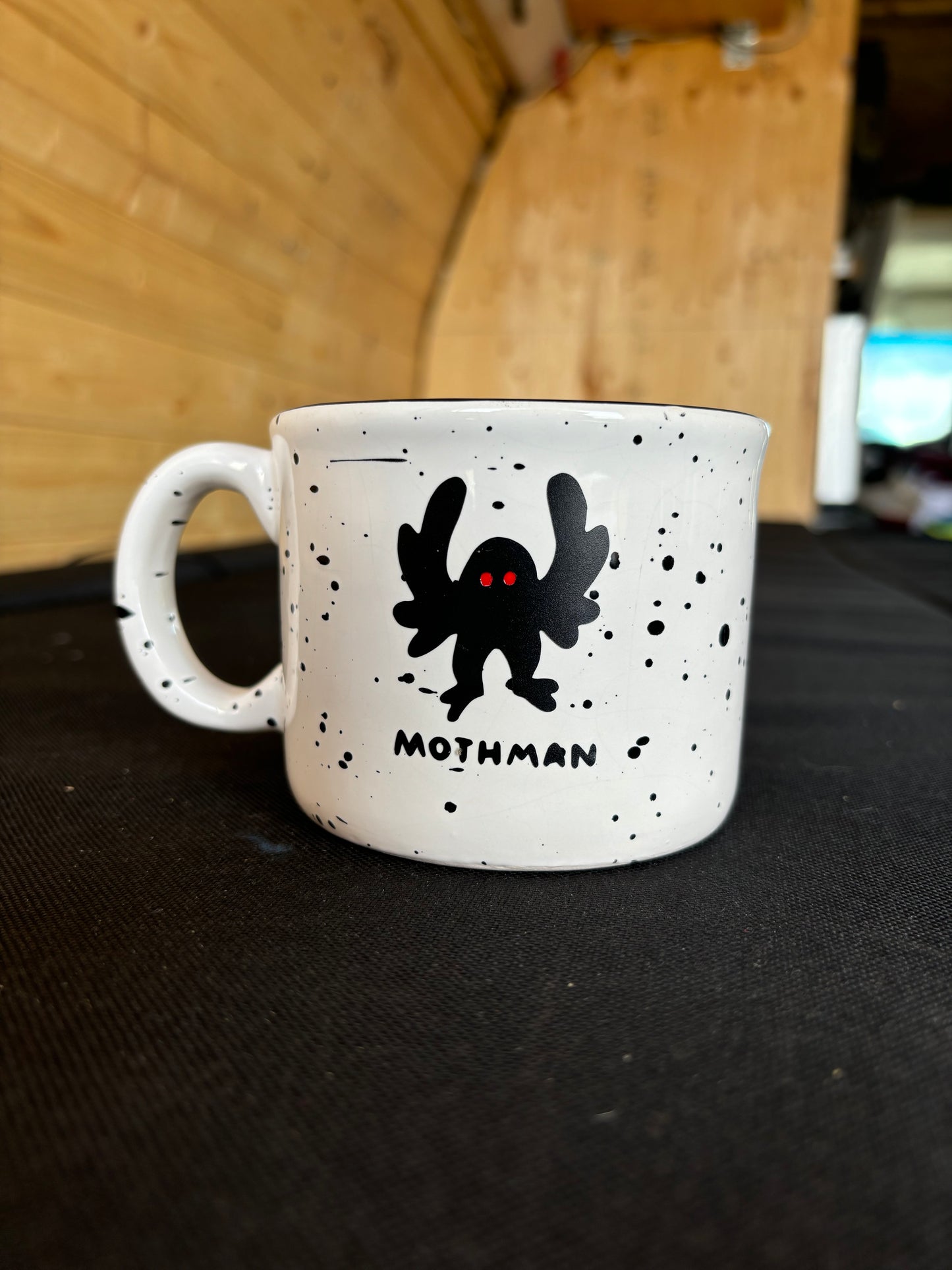 Mothman upcycled  mug - red eyes - speckled