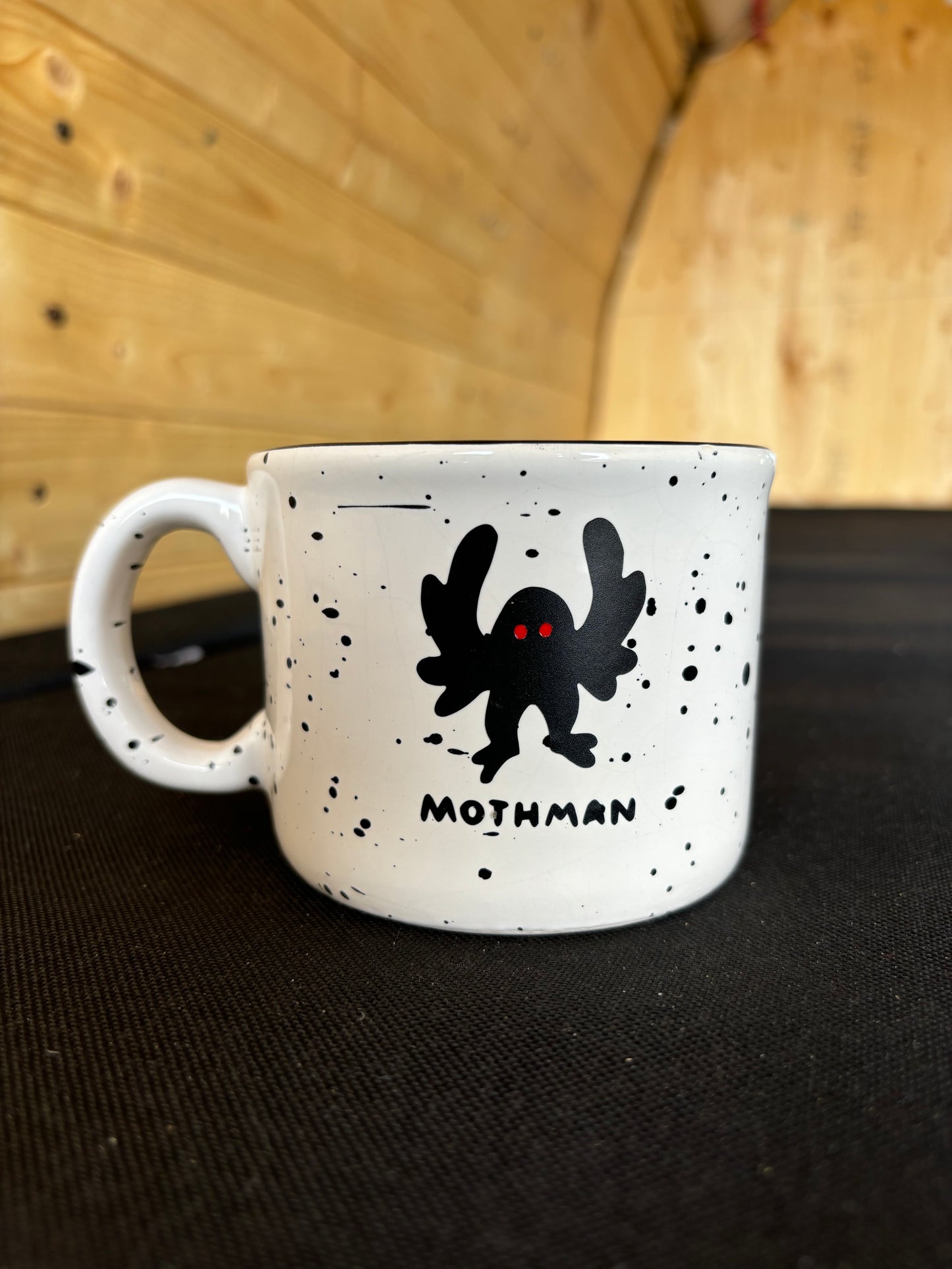 Mothman upcycled  mug - red eyes - speckled