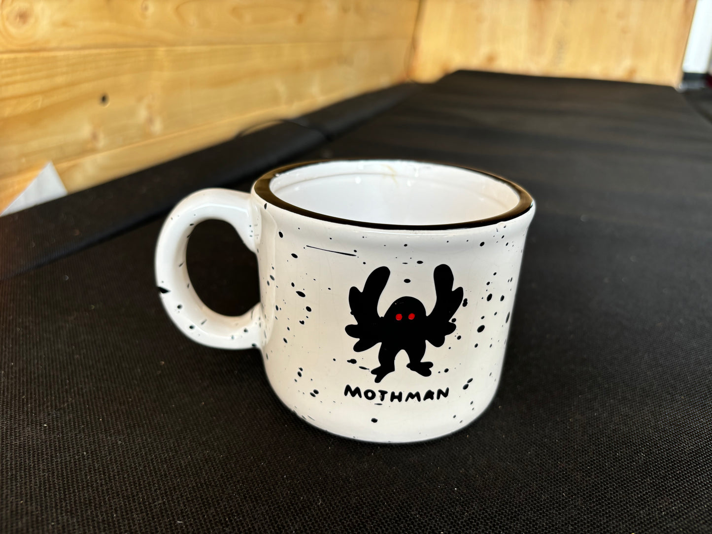 Mothman upcycled  mug - red eyes - speckled