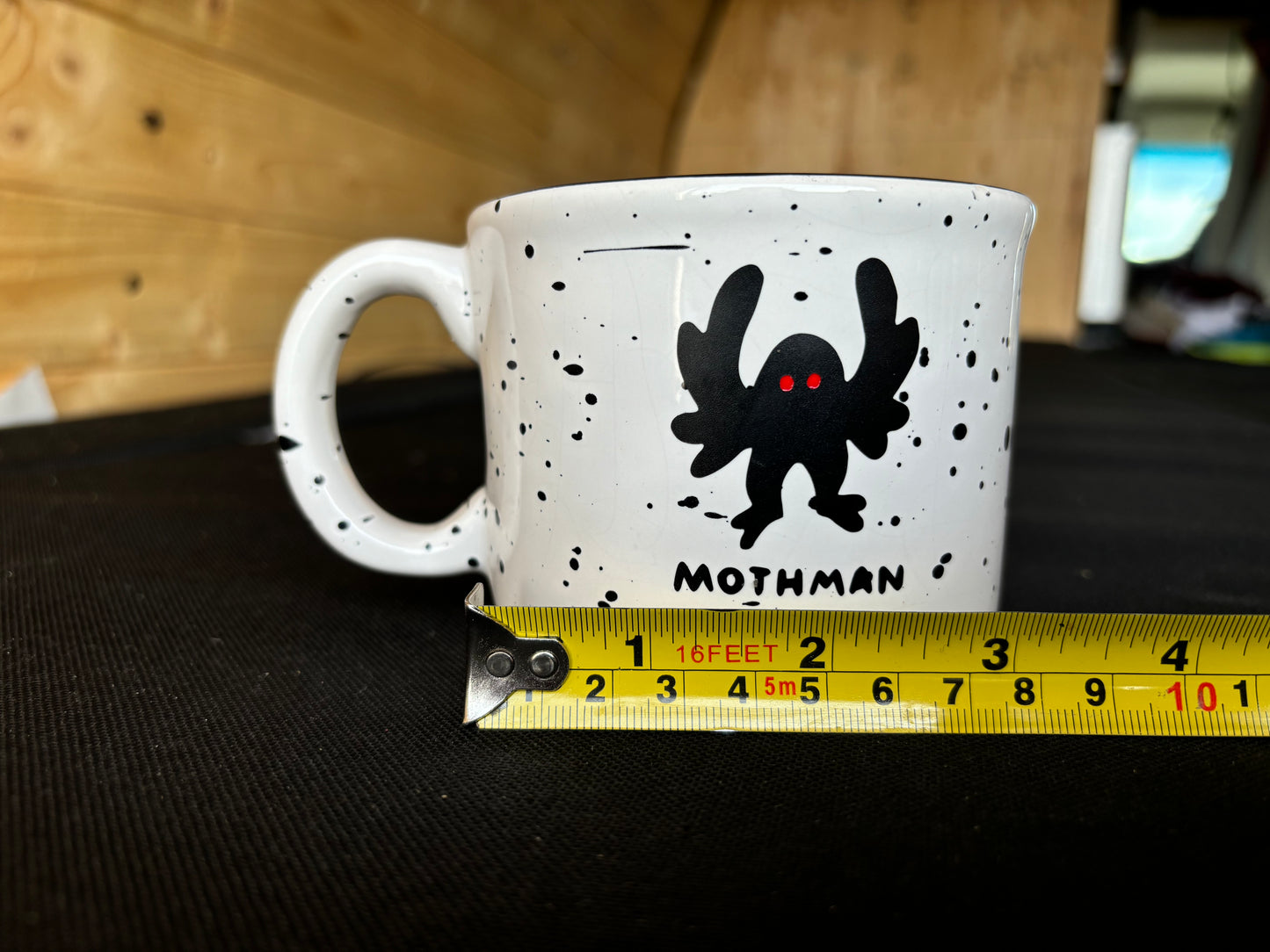 Mothman upcycled  mug - red eyes - speckled
