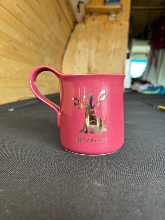 Jackalope upcycled mug - gold - raspberry