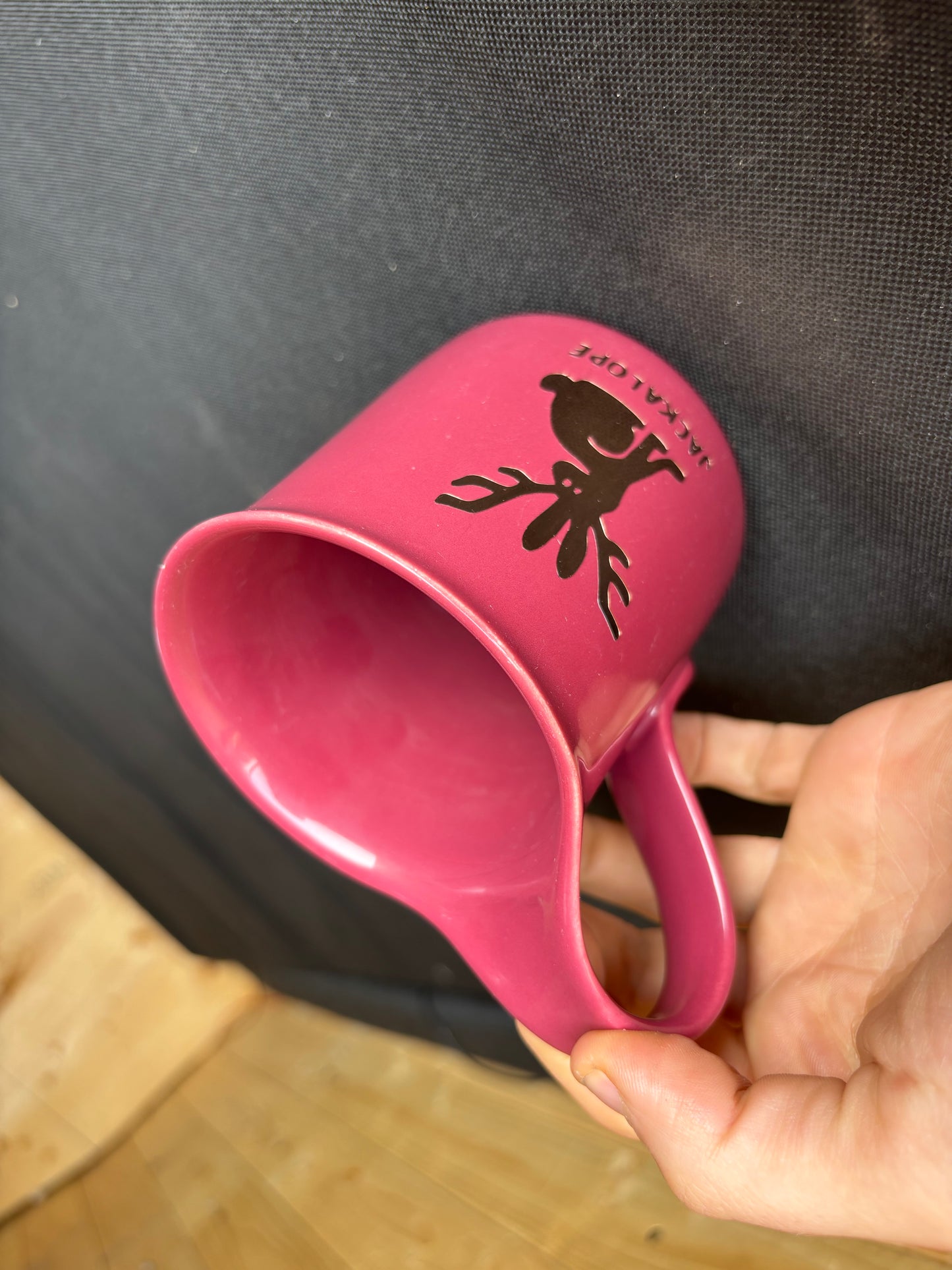 Jackalope upcycled mug - gold - raspberry