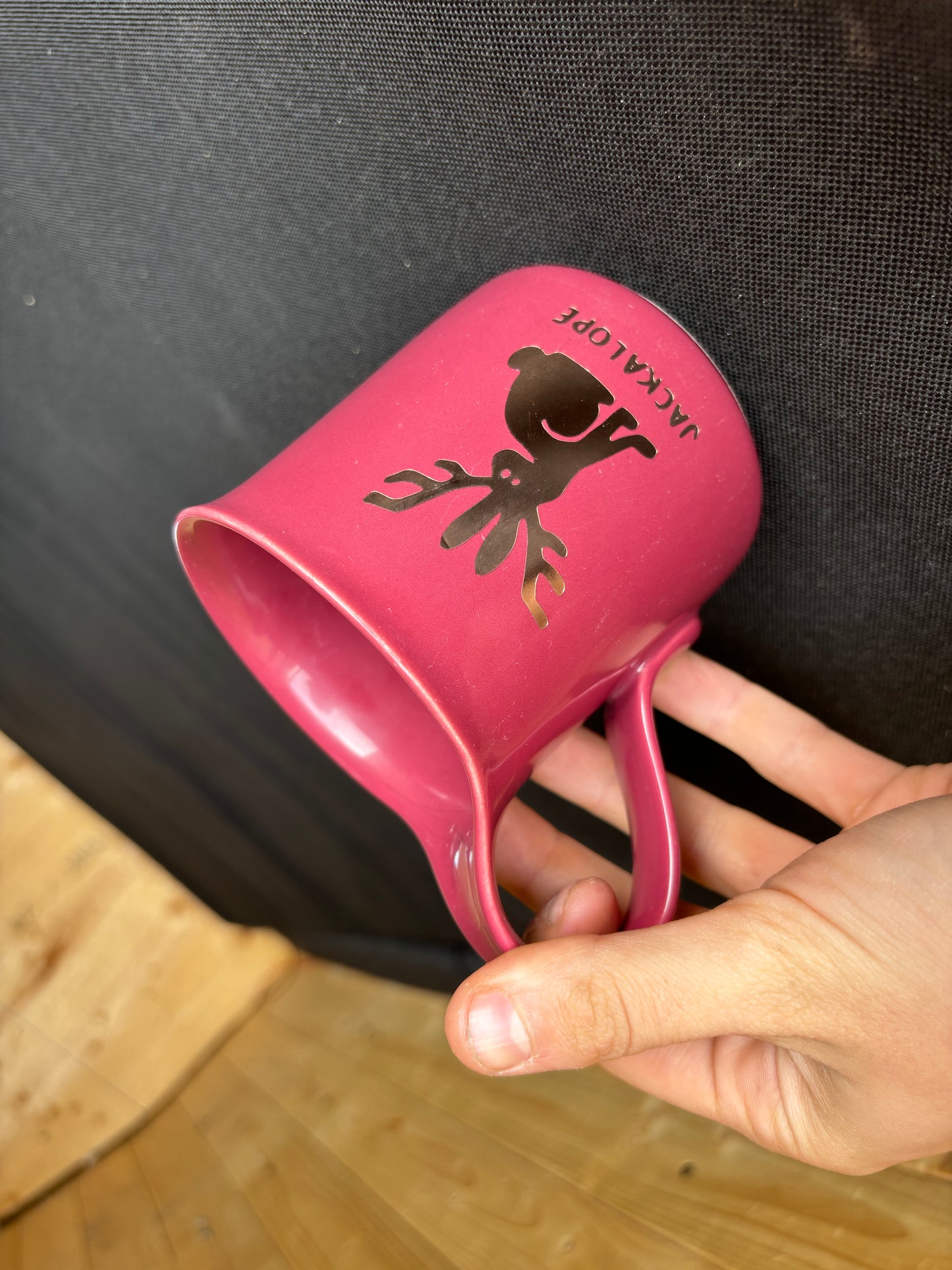 Jackalope upcycled mug - gold - raspberry
