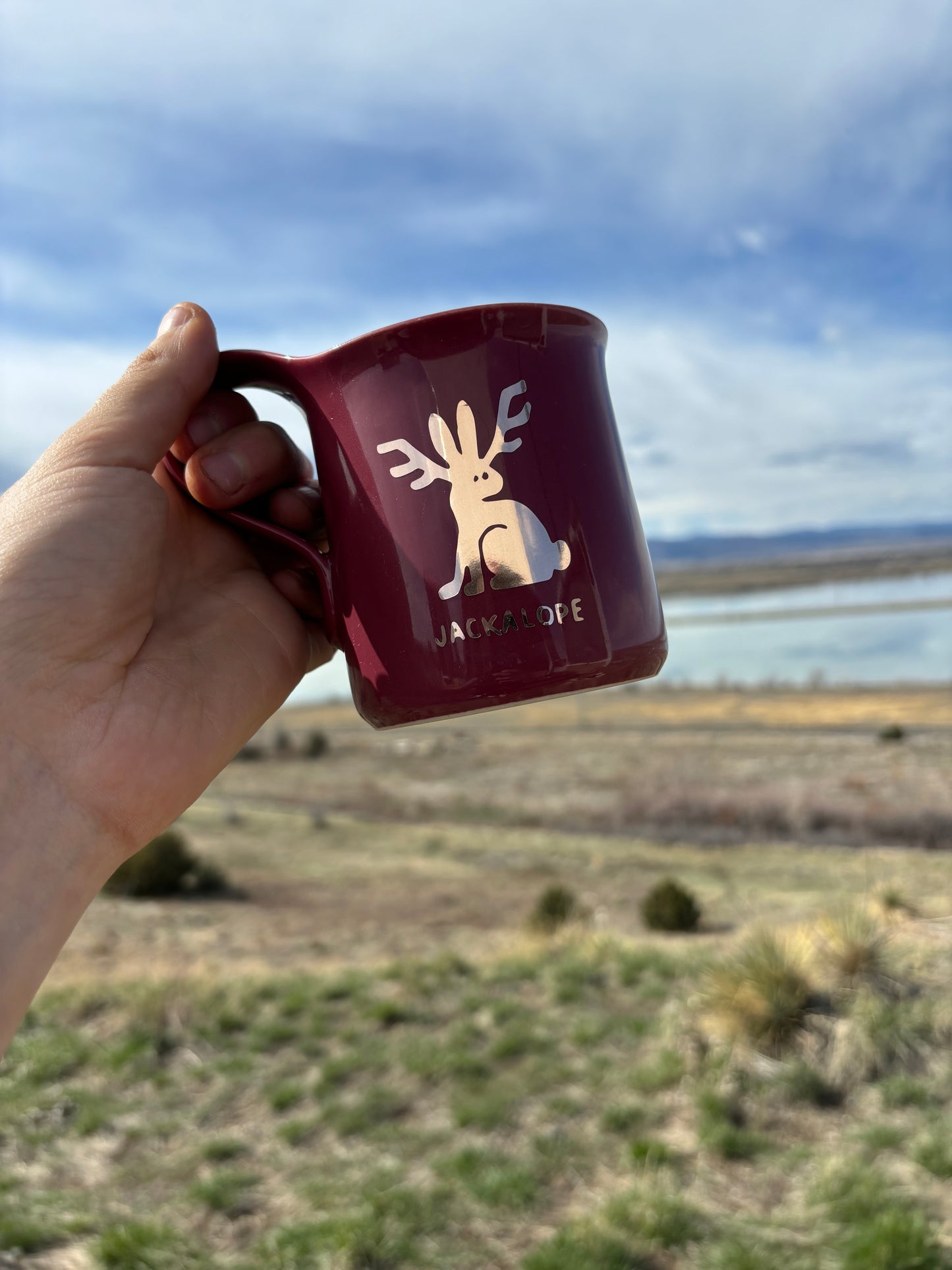Jackalope upcycled mug - gold - raspberry