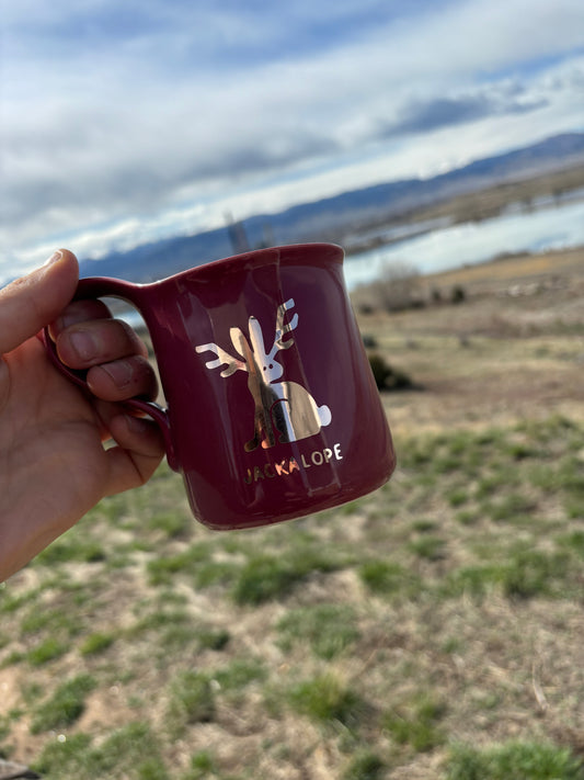 Jackalope upcycled mug - gold - raspberry