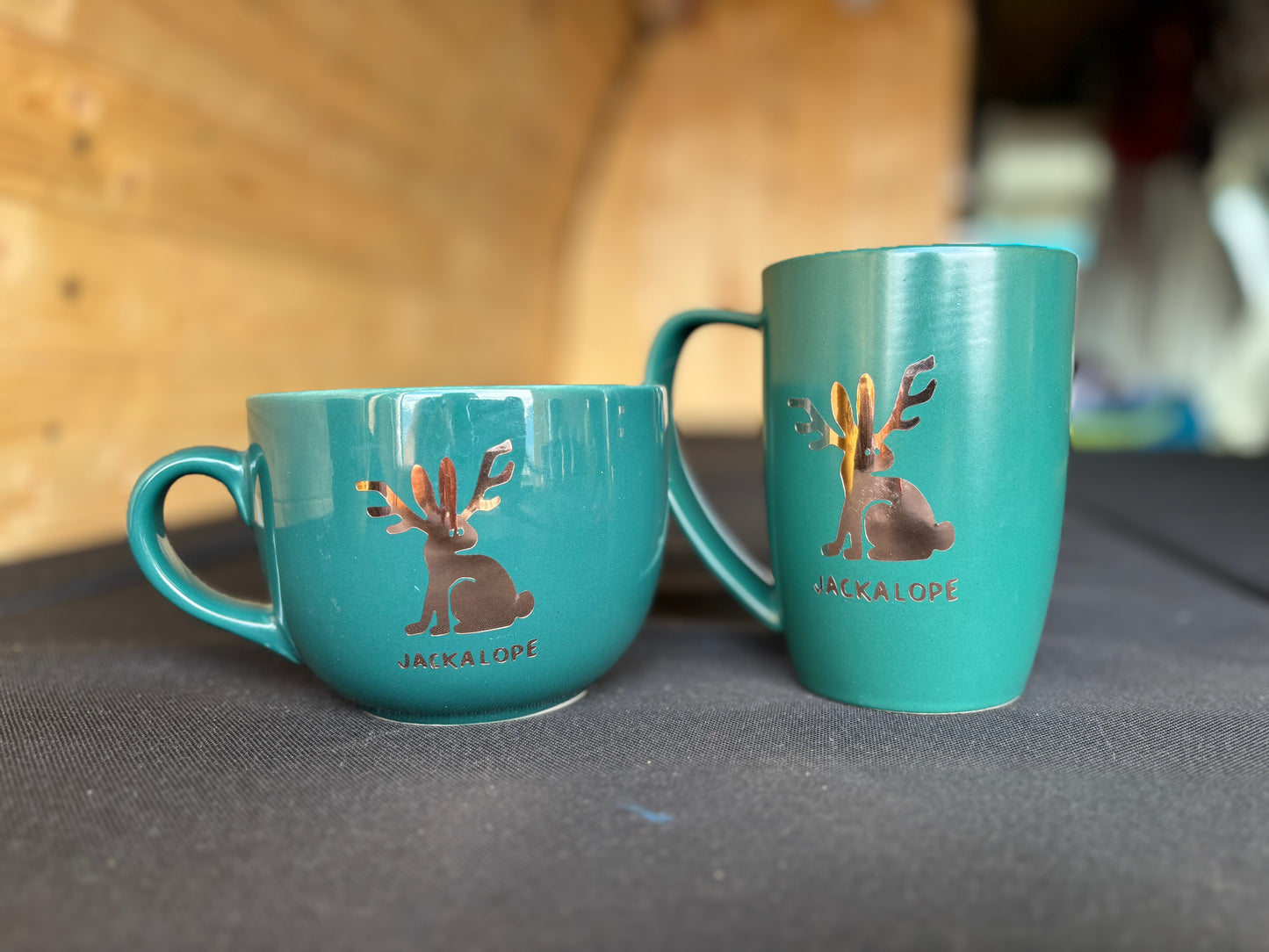 Jackalope upcycled set of 2 mugs  - gold on dark turquoise/green
