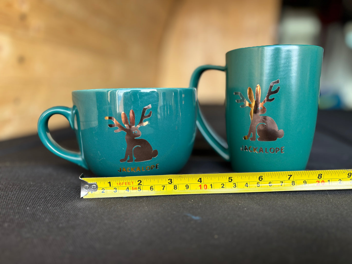 Jackalope upcycled set of 2 mugs  - gold on dark turquoise/green
