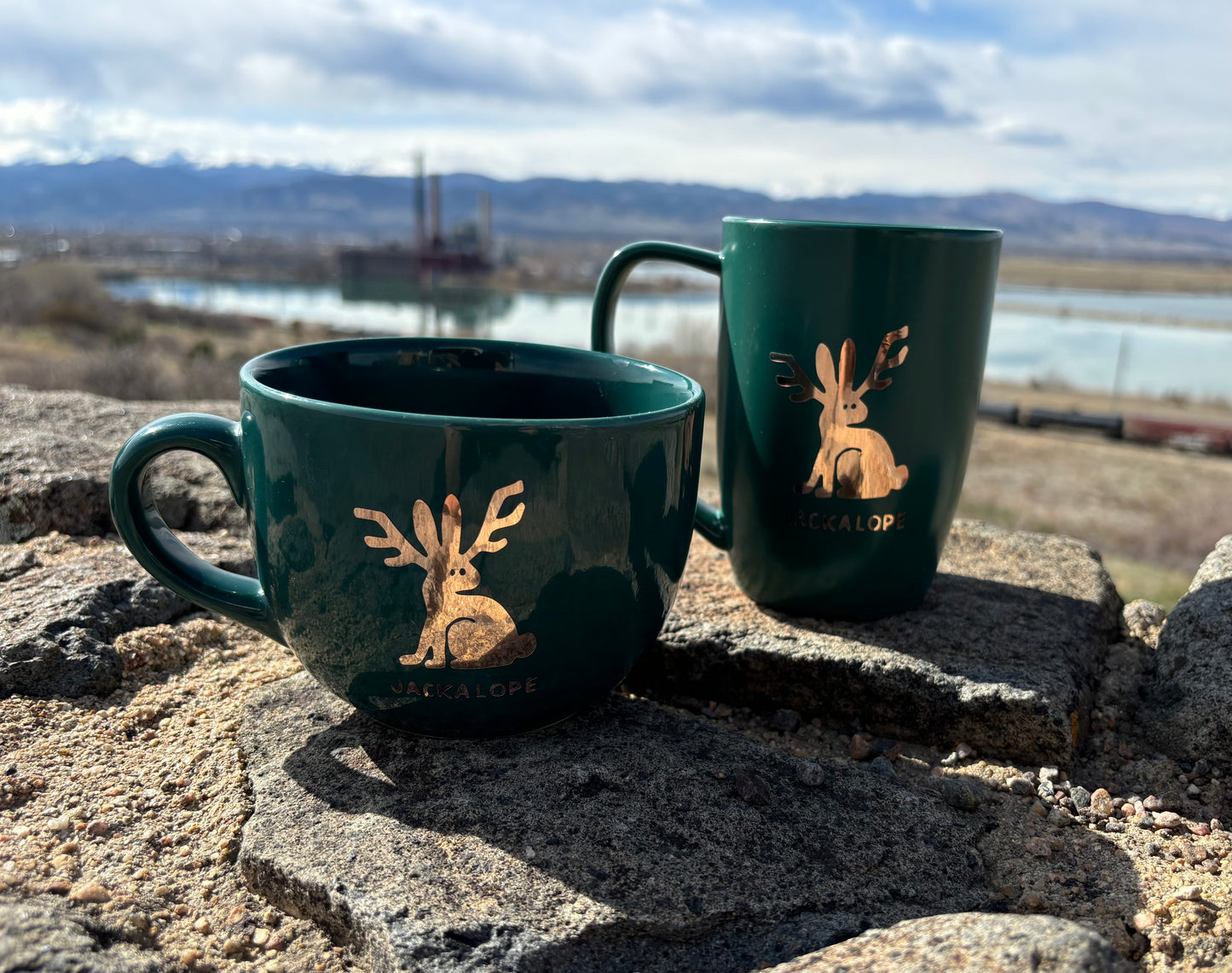 Jackalope upcycled set of 2 mugs  - gold on dark turquoise/green