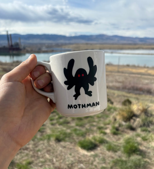 Mothman upcycled mug - red eyes - white