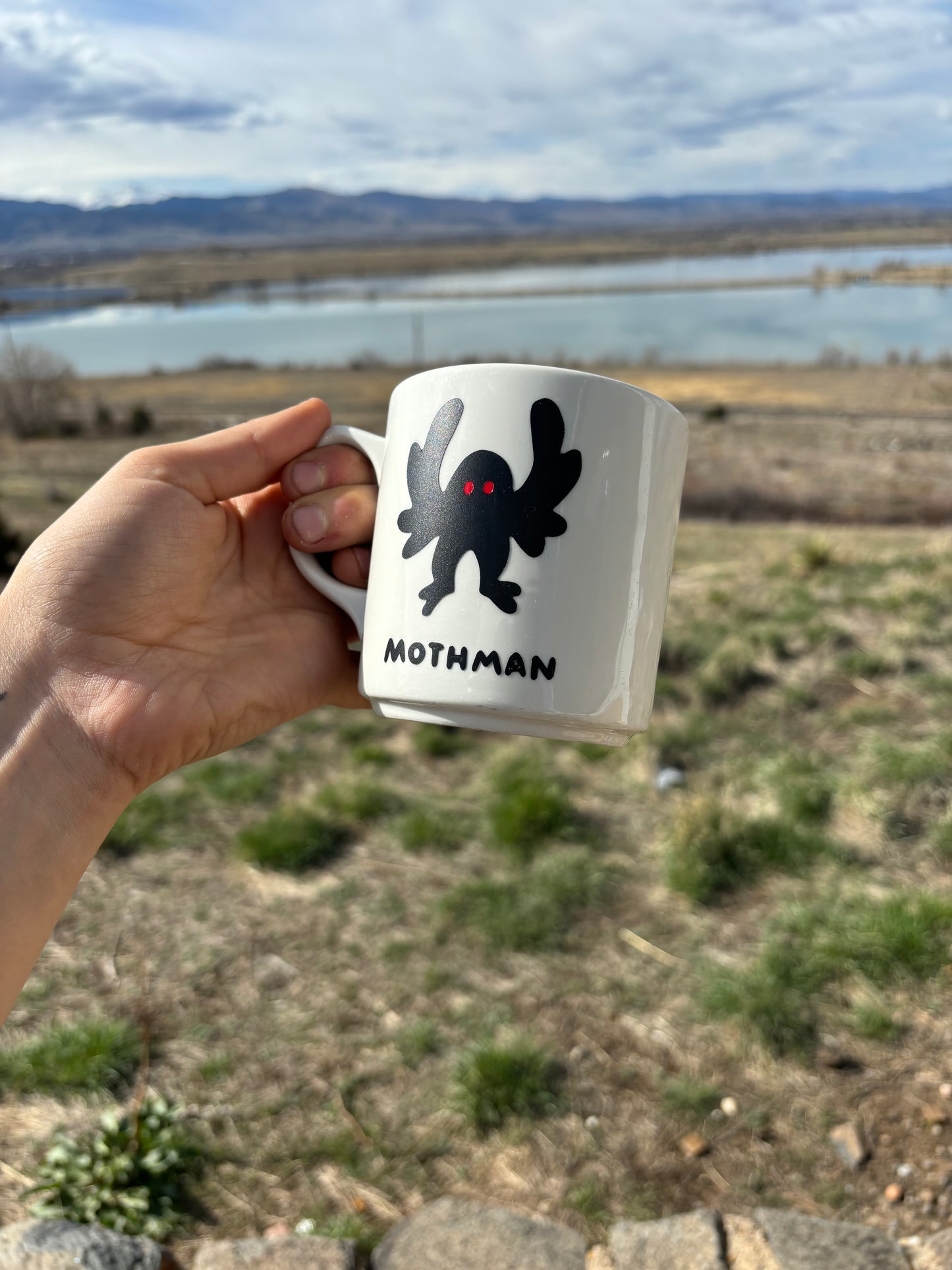 Mothman upcycled mug - red eyes - white