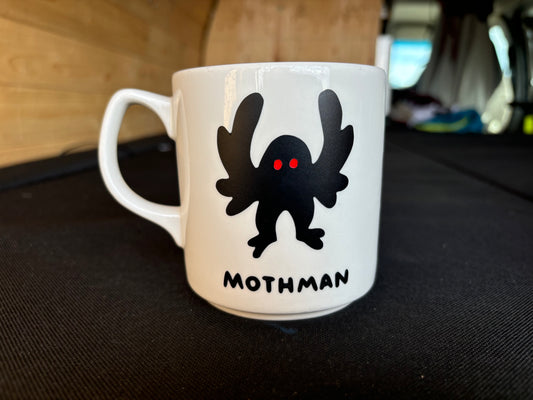 Mothman upcycled mug - red eyes - white