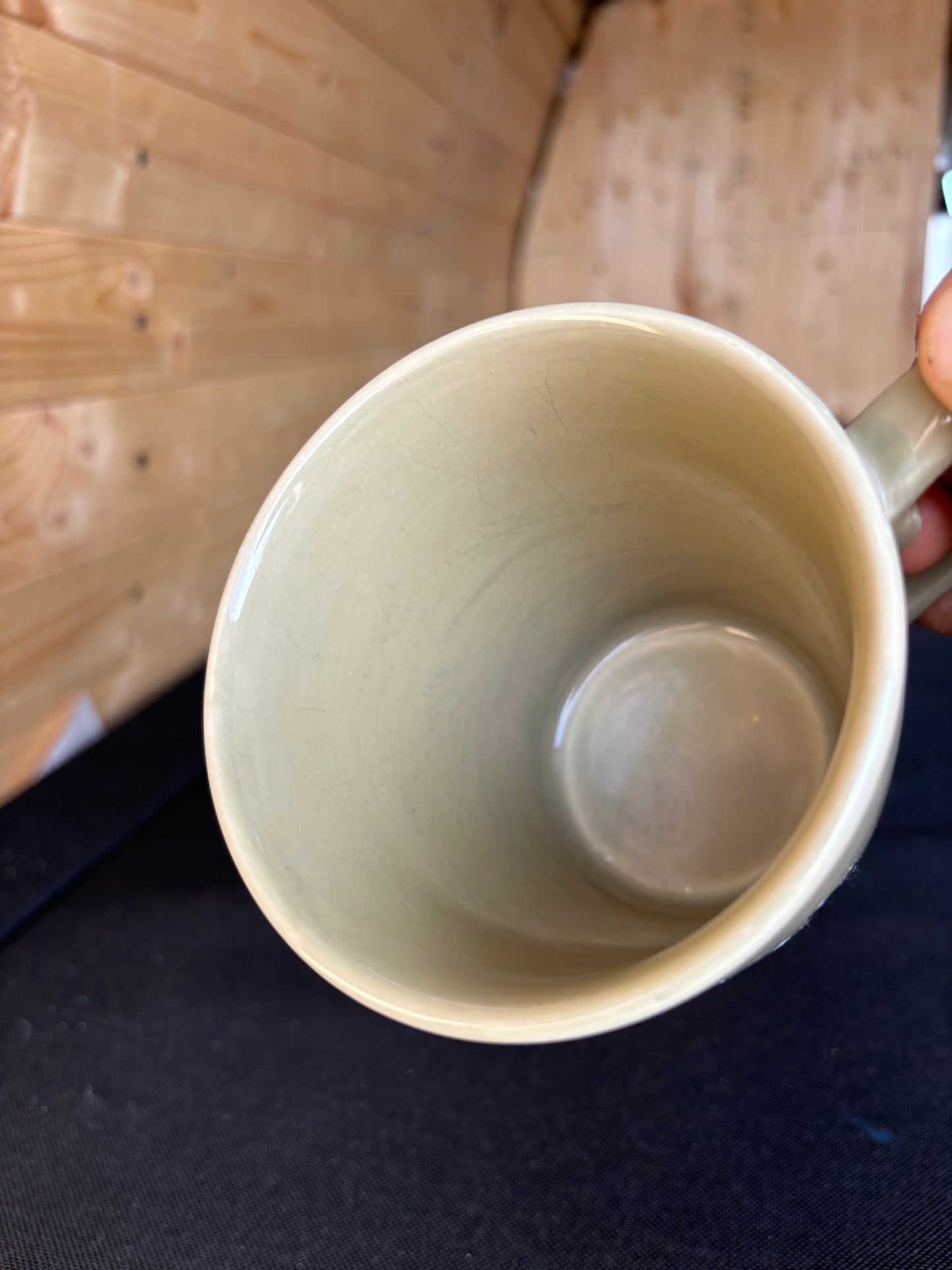 Mothman upcycled mug - red eyes - greenish