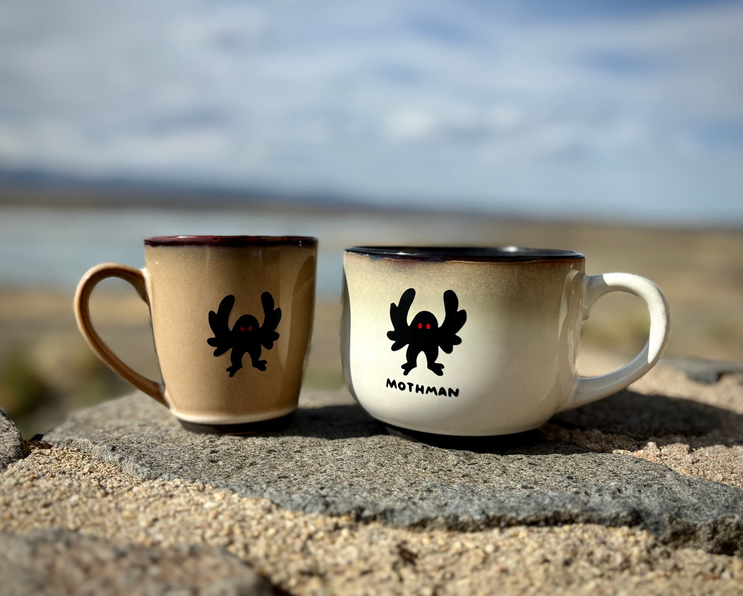 Mothman upcycled set of 2 mugs (or individual) - red eyes - ombré