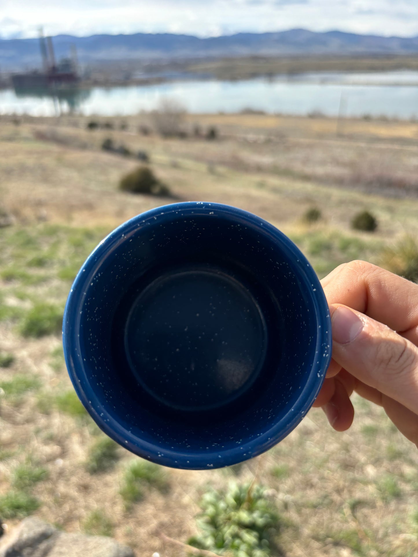 Yeti upcycled camping mug - white - blue speckles