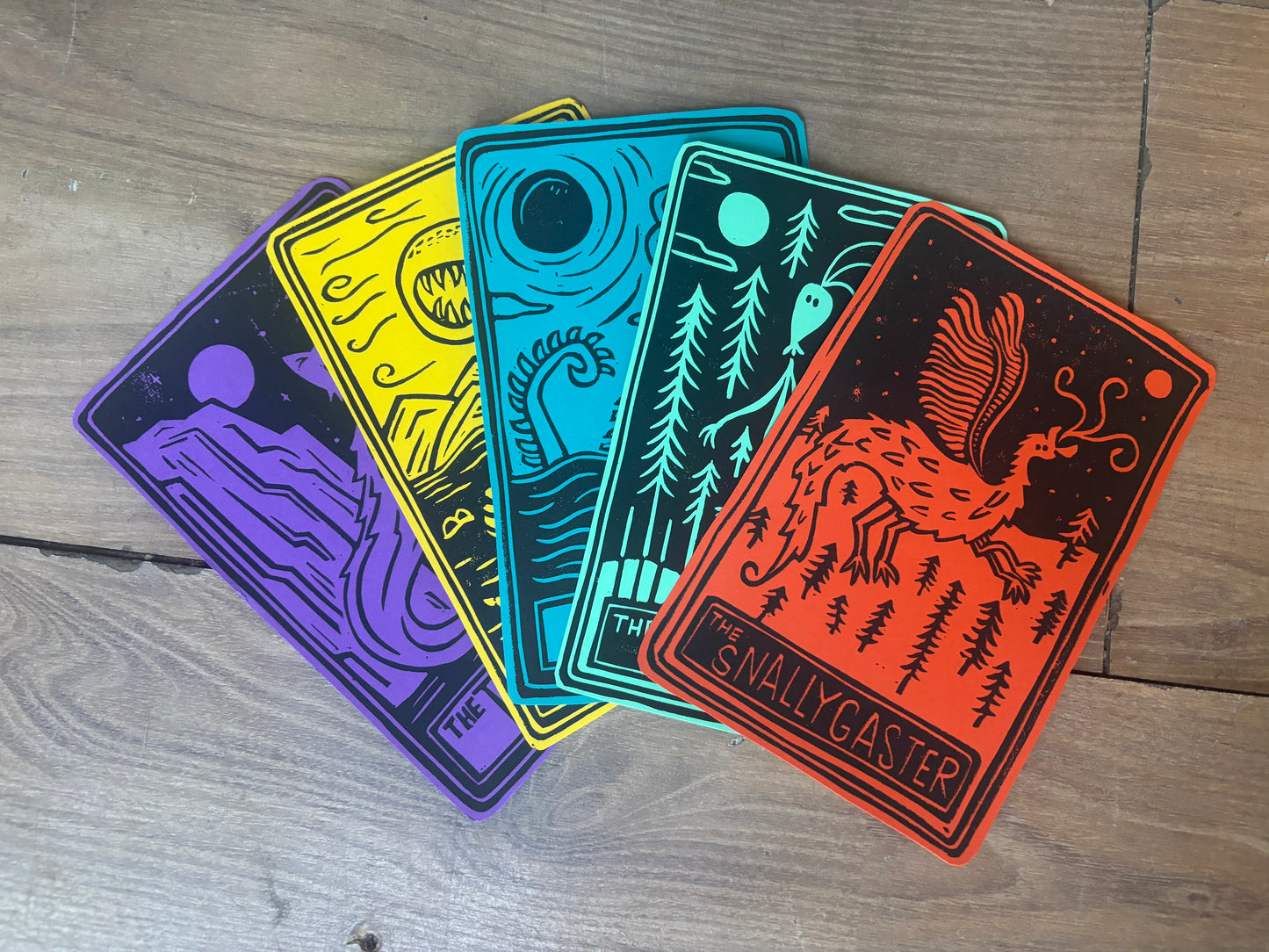 Pack of 5 hand printed tarot cryptid - colour