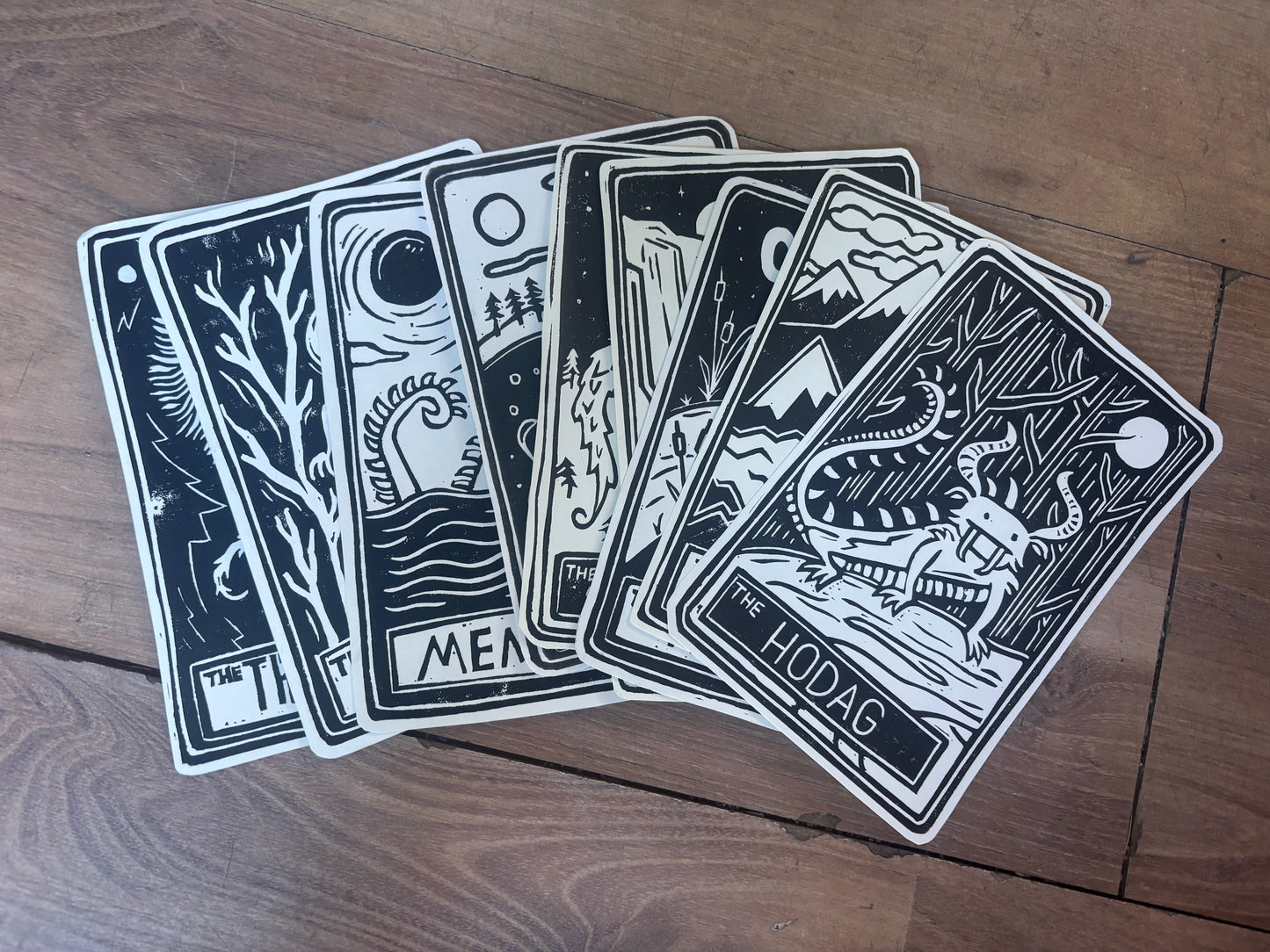 Pack of 10 hand printed tarot cryptid - black and white