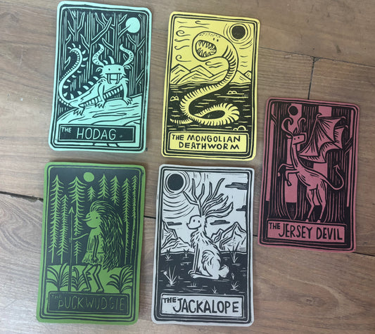 Pack of 5 hand printed tarot cryptid - colour