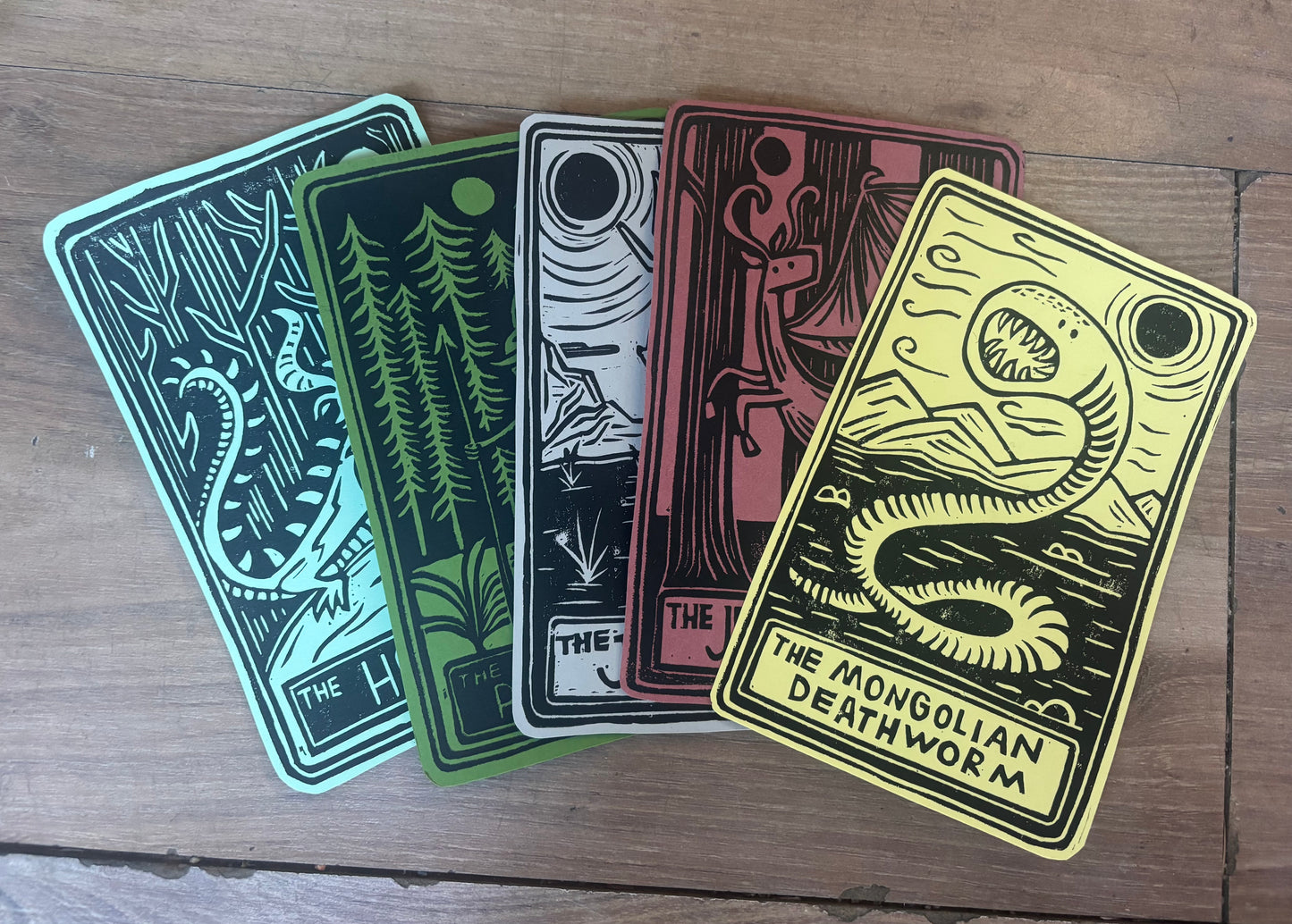Pack of 5 hand printed tarot cryptid - colour