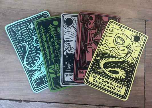 Pack of 5 hand printed tarot cryptid - colour