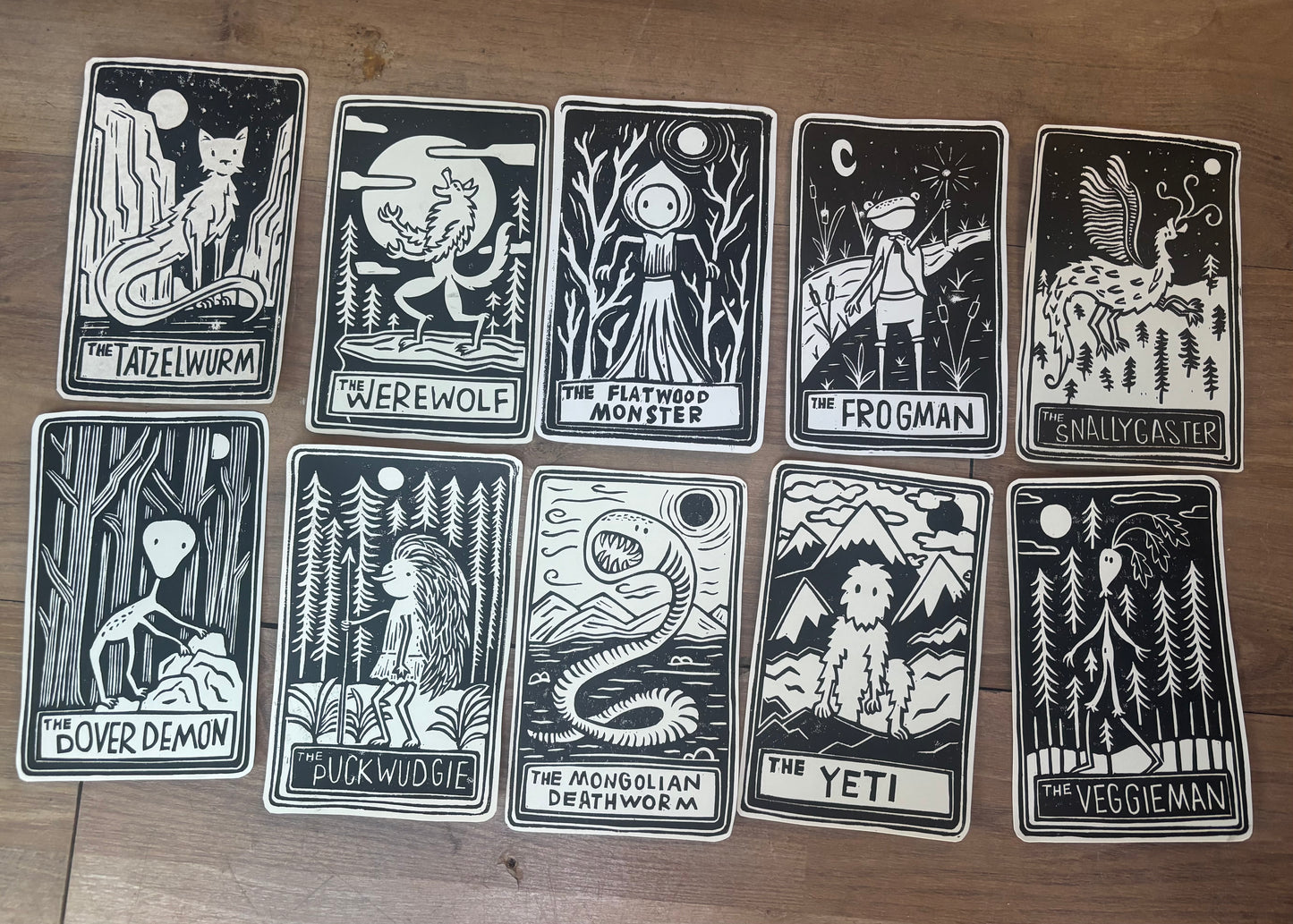 Pack of 10 hand printed tarot cryptid - black and white