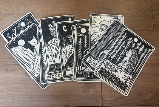 Pack of 10 hand printed tarot cryptid - black and white