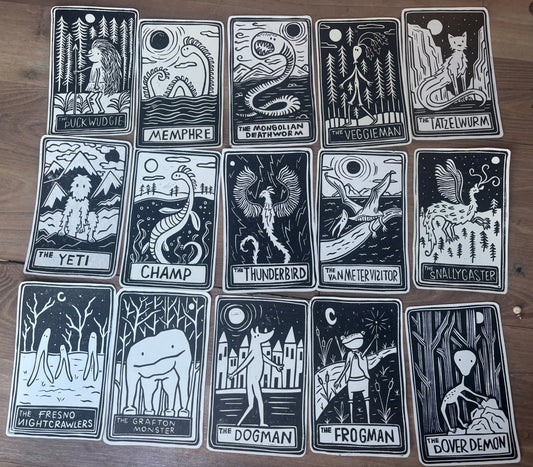 Pack of 15 hand printed tarot cryptid - black and white
