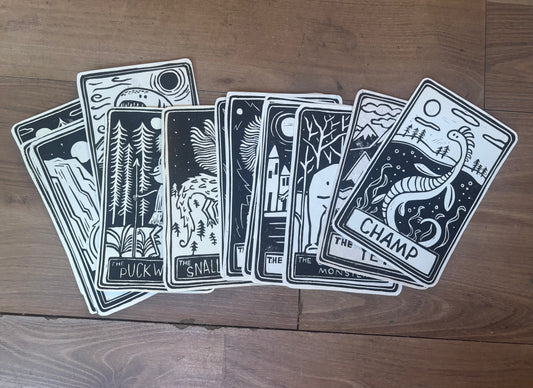 Pack of 15 hand printed tarot cryptid - black and white