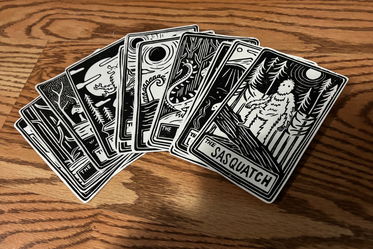 Half deck hand printed tarot cryptid - black and white