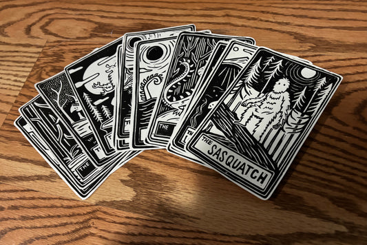 Half deck hand printed tarot cryptid - black and white