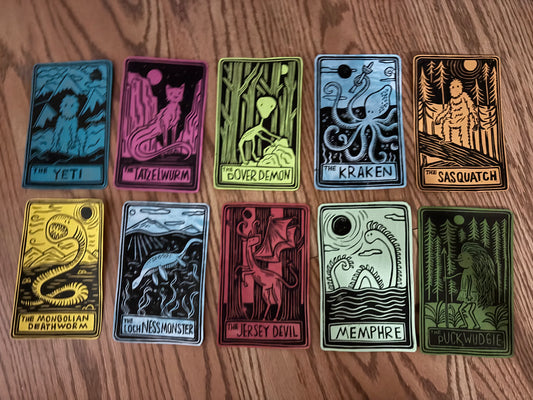 Pack of 10 hand printed tarot cryptid - color variety