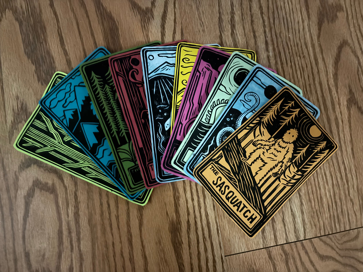 Pack of 10 hand printed tarot cryptid - color variety