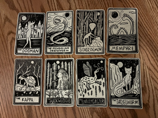 Pack of 8 hand printed tarot cryptid - black