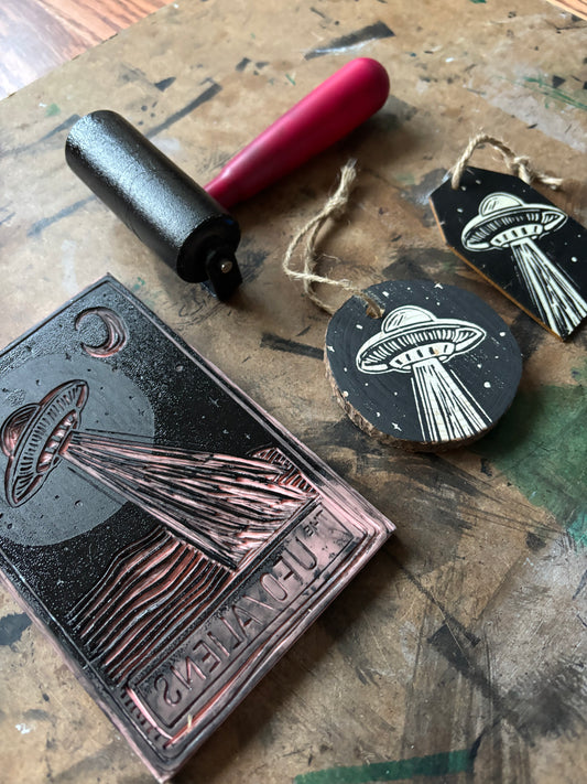 UFO hand printed ornaments
