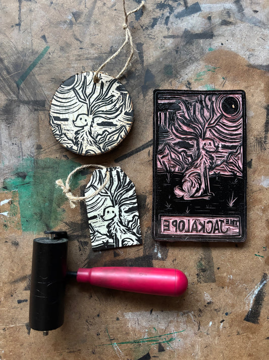 Jackalope hand printed ornaments
