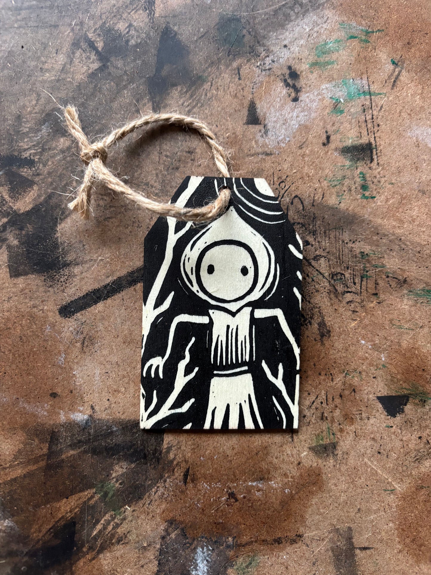Flatwood monster hand printed ornaments